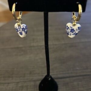Blue And White Porcelain Heart Earrings On Gold Tone Hoops